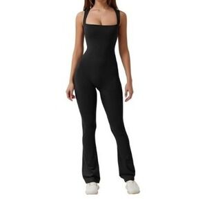 Qinsen Black Flare Jumpsuit Strappy Square Neckline Bodycon Size 6